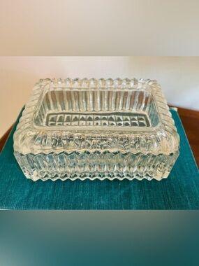 Vintage Depression Glass Trinket Box 1940s Cigarette Box Holder Ribbed Art /Lid